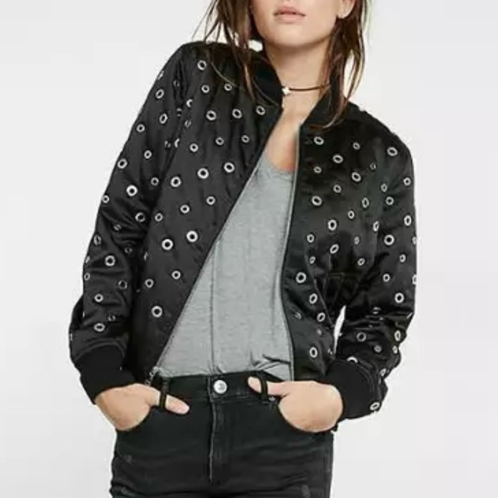 Express Black Eyelet Bomber Jacket - Picture 4 of 15